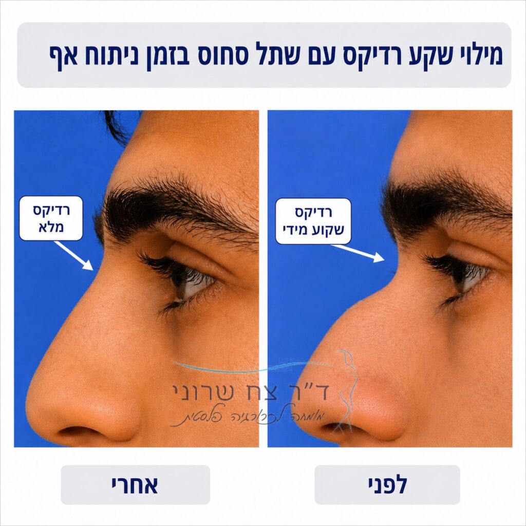 מילוי שקע רדיקס עם שתל סחוס בזמן ניתוח אף, לפני ואחרי